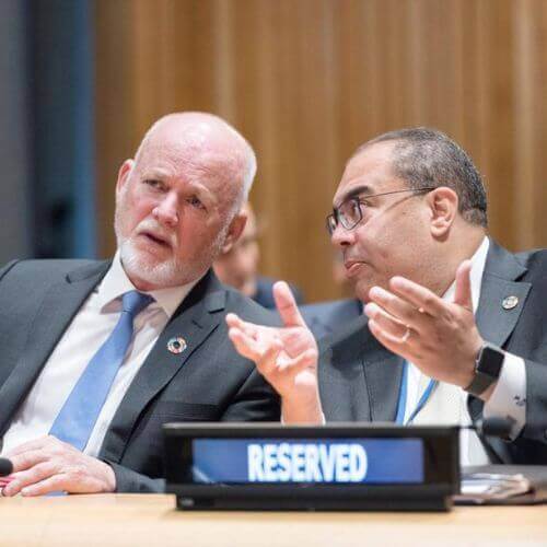 Dr. Mahmoud Mohieldin in discussion at a United Nations session