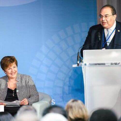 Dr. Mahmoud Mohieldin speaking on a panel at an international finance conference